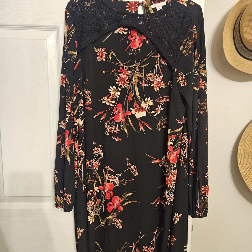 Cato Black Dress with Red and Gold Floral Design